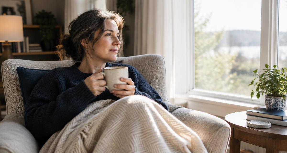 A tired adult resting with a warm drink by a bright window