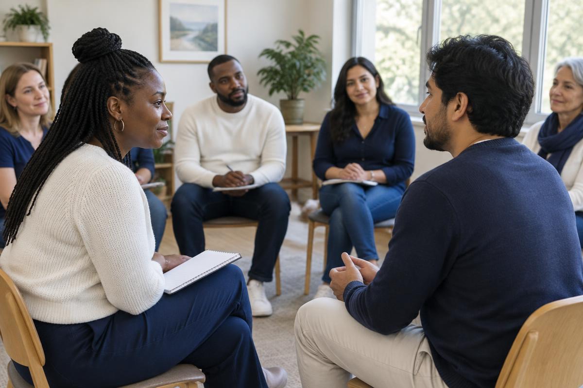 Adults listening to one another in a peer-support workshop