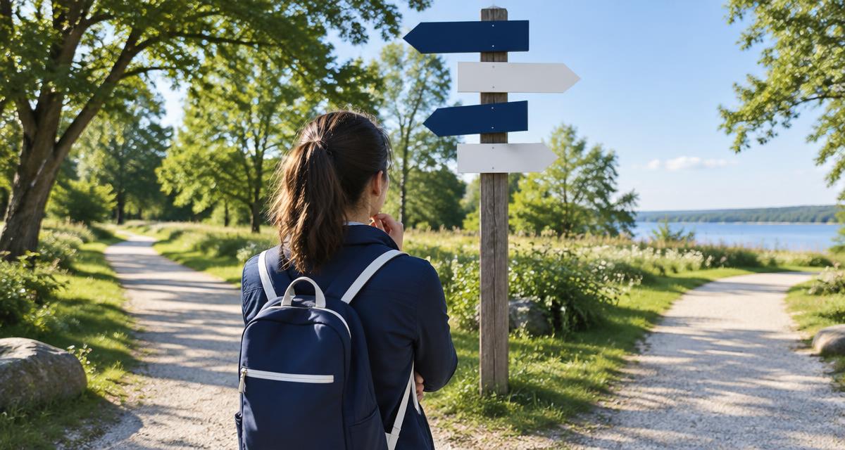 A person with a backpack looking at signposts where a park path divides